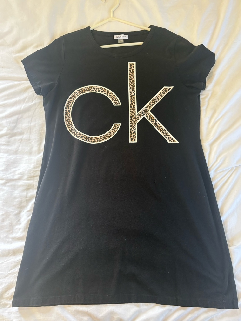 Calvin Klein Black Tee Dress with Leopard CK Logo Size XL